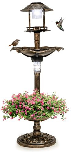 GYMAX Vogeltränke stehend, Vogelbecken mit Solarleuchte, Vogelbad Garten stehend mit Blumenkübel & befüllbarem Ständer, Vogelfutterstelle, Futterstation für Balkon & Garten (Modell 1, Bronze)