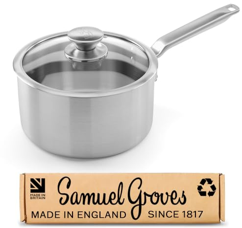 Samuel Groves 20cm Stainless Steel Tri-Ply Saucepan with Lid, Elegance Range UK MADE Large Sauce Pan, PFAS-Free Uncoated Stainless Steel, Induction Compatible Oven Safe, Handmade Professional Cookware