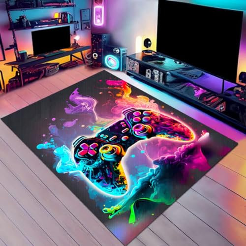 Gaming Area Rug Teen Boys Carpet 3D Multi Gamepad Game Player Controller Neon Design For Game Room Gaming Room Kids Girls Bedroom Playroom Living Room Multifunctional Rugs (Colour 2,120x160 cm)