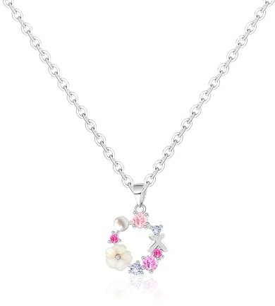 Mesovor Niedliche Gold Blumen Kette für Damen und Mädchen, 18 Karat Vergoldete Anhänger-Halskette mit Hübschen Bunten Blumenperlen für Partys und Hochzeiten (Silber-Runde)