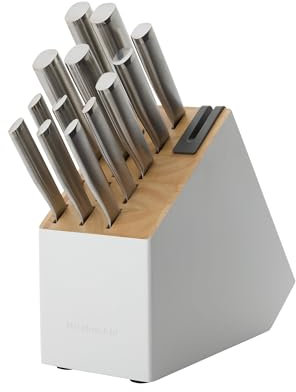 KitchenAid Slim Two-Tone Messerblock Set mit eingebautem Messerschärfer, High Carbon Edelstahl Küchenmesser, Scharfes Küchenmesser Set mit Block, 14-teilig, Weiß