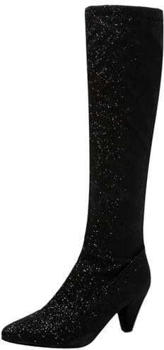 Stivali Alti Al Ginocchio da Donna con Tacco a Cono Paillettes Tacco Alto Stivali Appuntito Zip Brillantini Boots, J50138Hx Nero Numero 38 EU/39Cn