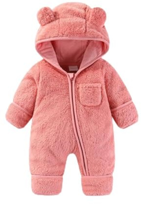 Fairy Baby Baby Snowsuit, Newborn Baby Bear Hooded Footed Romper Fleece Snowsuit Cartoon Flannel Zipper Jumpsuit Fall Winter Outfits Pink 73CM6-9 Months