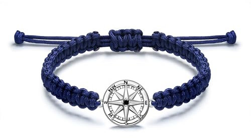 JENDEAR SHINE Bracelet Boussole pour Homme en Argent 925, Chaîne de Corde Réglable Faite à La Main, Bracelet pour Hommes de Style Viking Vintage