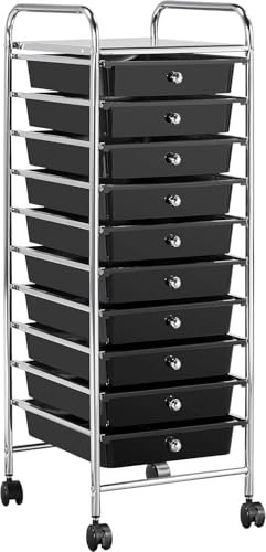 Top Home Solutions®Storage Drawers On Wheels – 10 Drawer Trolley Plastic Rolling Cart Organizer with 2 Lockable 360° Wheels For Home, Office, School, And Salon (Black)