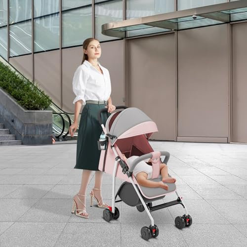 Poussette Bébé Légère et Compacte de 0 Mois à 4 Ans, Capacité de Charge Maximale de 25 kg, Poussette Pliable, Dossier Inclinable, Pliage Automatique en 1 Étape, Canopy-C-rose