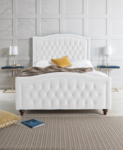 Living Comfort Bedz – Wave Mayfair Chesterfield Bed - Plush Velvet Headboard & Footboard - Gas Lift Storage & Slats Base (White, Single - No Storage With Slats Base)