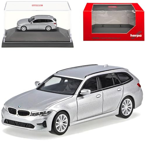 B*M*W 3er G21 Touring Kombi Glacier Silber Ab 2019 mit Sockel und Vitrine H0 1/87 Herpa Modell Auto
