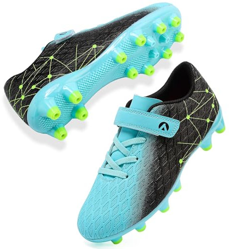 LECYGNB Boys Football Boots Kids Girls Athletics Training Astro Turf Soccer Shoes Teenager Profession Competition Indoor Outdoor Sneakers Unisex Black Cyan UK 4