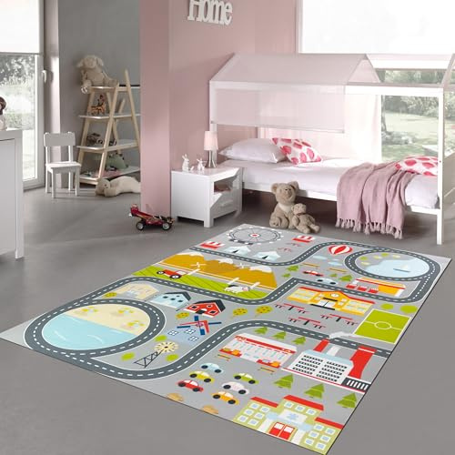 Teppich-Traum Kinderteppich Stadtmotiv Straßen Häuser Grau 120x160 cm