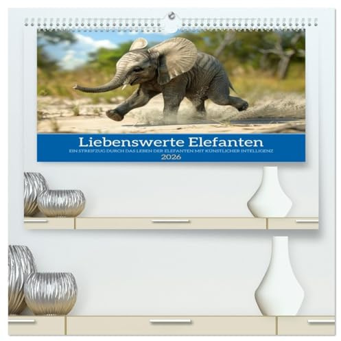 Liebenswerte Elefanten (hochwertiger Premium Wandkalender 2026 DIN A2 quer), Kunstdruck in Hochglanz: Elefantenzauber - KI Kunst für jeden Monat (CALVENDO Tiere)
