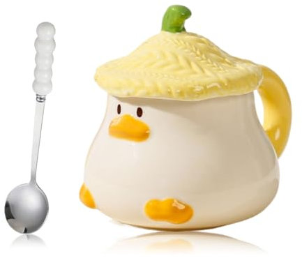 Cute Duck Coffee Mug, 13.5 oz Funny Ceramic Tea Cup with Hat Lid, Cartoon Design Coffee Mug with Handle, Ceramic Cup for Coffee, Tea, Milk, Juice (Yellow)