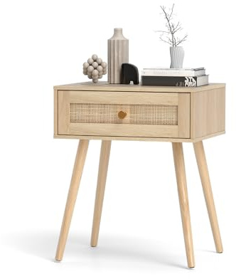 KOMFOTTEU Nachttisch mit Rattan-Schublade, Boho-Seitentisch mit Massivholzbeinen, Beistelltisch aus Holz, Nachttisch für Schlafzimmer, Wohnzimmer, 48 x 40 x 58 cm (Natur)