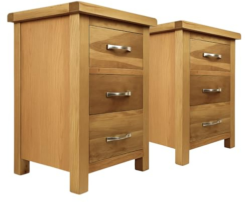 Home Furniture Group Ltd Hembury Oak Bedside Tables – Pair of 3 Drawer Cabinets with Metal Handles – Fully Assembled Nightstands for Bedroom Storage