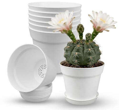 TEYIAN 10cm/4-in Plant Pots Indoor 8 Pack Plastic Flower Pots with Drainage Holes and Saucers Modern Decorative Planters Succulent Indoor Outdoor Plants