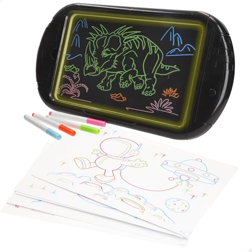 ColorBaby Good Idea! 39430 Tablette néon pour dessiner, 4 marqueurs, 6 pochoirs à calquer, chiffon gomme, tableau magique, tableaux noirs, jouets éducatifs, jouet enfant à partir de 3 ans