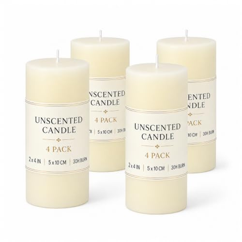 Unscented Ivory Pillar Candles, 4 Pack, 2x4in Table Candles | Long Burning up to 30 Hours, Premium Paraffin with Cotton Wick, Church, Home, Wedding, Party Decoration