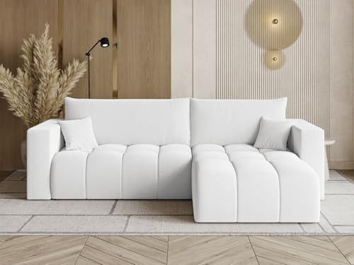 GRAINGOLD Neva L Ecksofa modern mit Bettfunktion, 280x170 cm, L-Form Sofa, Schlafcouch für Wohnzimmer, Bouclé-Stoff, 3-Sitzer Eckcouch, Ecksofa mit Bettkasten (Weiß)