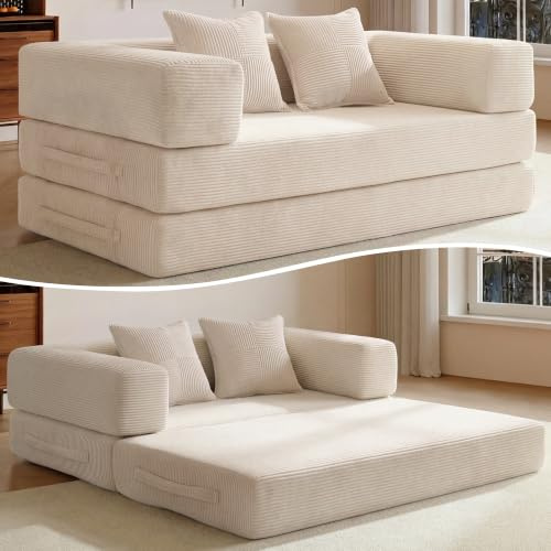 Vipbear Schlafsofa 160cm Breit,5-in-1 Faltbares Boneless Couch Beige | Bodensofa Bed Cordstoff 2er mit Schlaffunktion,Klappsofa Gästebett mit Armlehnen & Rückenkissen,Metallrahmen,ohne Montage