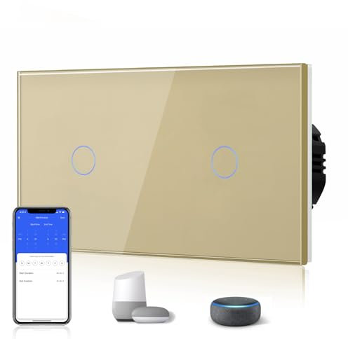 BSEED Doble Interruptor Inteligente WIFI 1 Gang 1 Vía (Requiere Cable Neutro) Compatible con Alexa/Tuya/Smart Life, Interruptor de Luz de Pared con Panel de Vidrio 157mm Oro