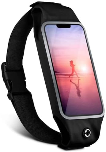moex Laufgürtel Handy für Apple iPhone 11 Pro Max Lauftasche Jogging Tasche Wasserfest, Slim Running Belt Flexibel mit Sichtfenster, Laufgurt zum Joggen Bauchtasche Sport, Schwarz
