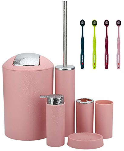 Otostar 6 Piece Bathroom Accessories Set Plastic Bath Accessories Lotion Bottles,Toothbrush Holder, Soap Dish,Toilet Brush with Holder,Trash Can,Tooth Mug Decorative Housewarming Gift (Pink)