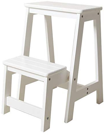 ZHZ-DT Holz Leiter-Stuhl Treppenstuhl 2 Stufen Trittschemel for Erwachsene Kinder Klappleiter Klappstufen Tritthocker Multifunktions-Design Sicherheits-Anti-Rutsch, Weiss