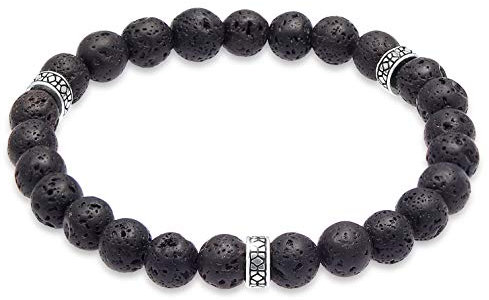 Kuzzoi Buddha Herren Naturstein Armband, Elastisches Steinarmband aus Lava Perlen (8 mm) mit Silber Beads aus 925 Sterling Silber Oxidiert für Männer Länge 21 cm