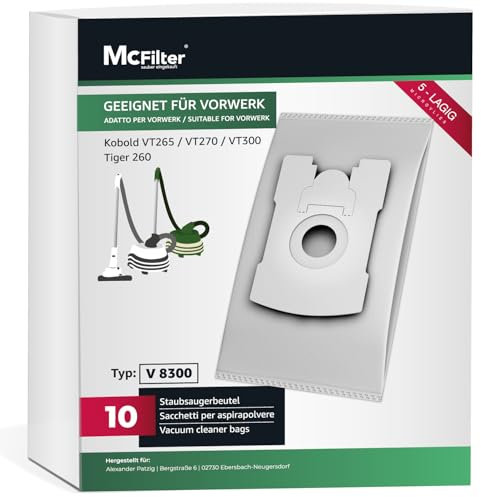McFilter I 10 Staubsaugerbeutel geeignet für Vorwerk Tiger 260, Vorwerk Kobold VT265 VT270 VT300 - VT 265 VT 270 VT 300 Staubsauger, 5-lagiger Beutel aus Microvlies, Deckscheibe mit Hygieneverschluss