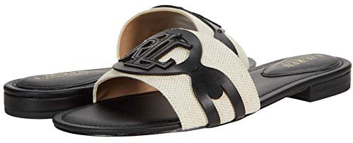 LAUREN Ralph Lauren Damen Alegra Sandale, Natur/Schwarz zweifarbiges Canvas/brüniertes Kalb, 41 EU