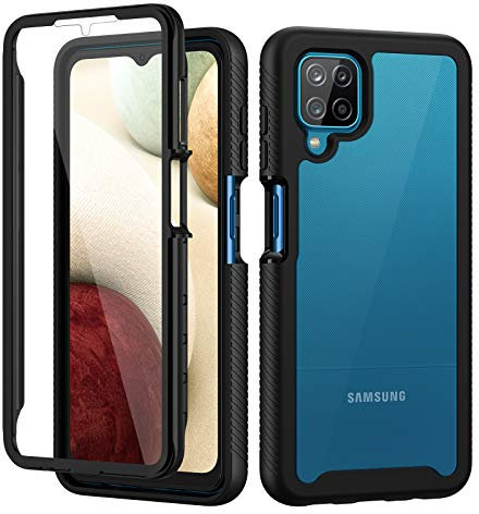 seacosmo for Samsung A12 Case, Galaxy M12 Cover [with Screen Protector] Full Body Shockproof Protection Armour Cover Slim Fit Bumper Protective Phone Case for Samsung Galaxy A12/M12- Black/Clear