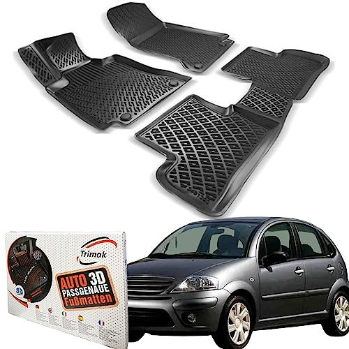 Trimak Passgenau 3D Fussmatten Auto Kompatibel mit Citroen C3 1.Gen 2002-2009 Auto Zubehör 1. Und 2. Reihe Gummimatten Autos TPE Allwetter Geruchlos rutschfest Vorne und Hinten Schwarz