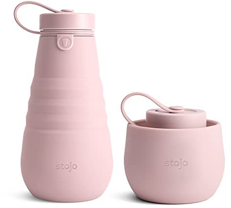 STOJO Faltbare Flasche – wiederverwendbare und auslaufsichere Silikon-Reise-Wasserflasche für Sport, Schule und Alltag – Sportverschluss – tragbar – spülmaschinenfest – Nelke