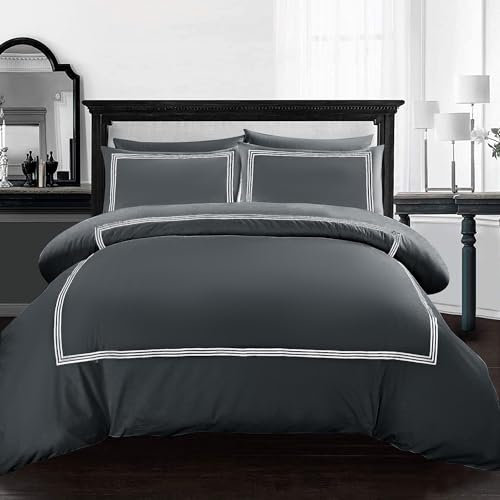 AR Ware Single Duvet Cover Set - Soft Luxury Bratta Stitch Embroidered Microfiber Duvet Sets with 2 Pillowcases - Non Iron Bedding Hotel Quality Quilt Cover (Charcoal)