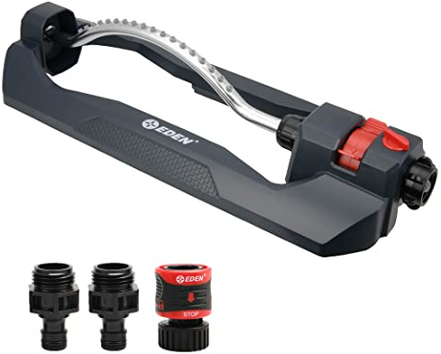 Eden 94106 Turbo Oscillating Sprinkler, Covers Up to 4,000 sq. ft., 18 Precision Nozzles, Weighted Base, Adjustable Range, Flow Control Knob, Quick Connect Bundle, Black, Silver, Red