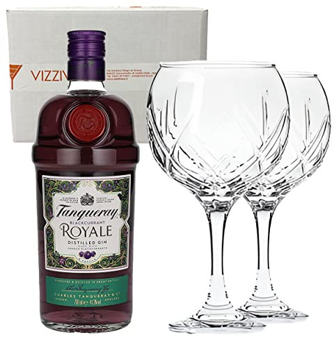 TANQUERAY GIN BLACKCURRANT ROYALE - Distilled Gin 41,3% Vol. 70 cl - Due Bicchieri In Vetro Borgonovo 620 ml