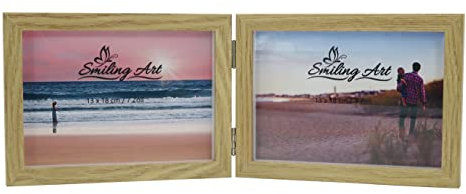 Smiling Art Bilderrahmen für 2 Fotos aus MDF Holz mit Glasscheibe, klappbarer Bilderrahmen, Doppelrahmen (Beige, Querformat, 2x13x18 cm)
