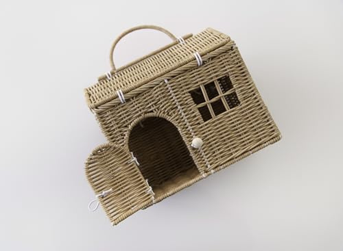 Rool Rattan House Shaped Basket Wicker Small Dollhouse Gift for Girls, Boho Toys, Mouse in a Box House, Little Girl Purse Clutch, Doll Carrier (Brown)