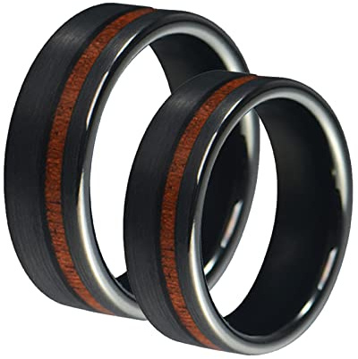 Bishilin Wolframcarbid Ringe Paar, 8MM Schwarz Ring mit Holz Gr.52 (16.6)-67 (21.3), Verlobung Ringe mit Gravur Partnerringe für 2