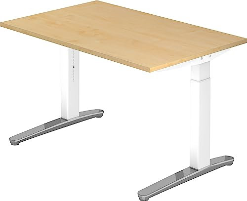 bümö manuell höhenverstellbarer Schreibtisch 120x80 in Ahorn, Gestell in weiß/alu - PC Tisch höhenverstellbar & klein, höhenverstellbarer Tisch Büro, Kleiner Computertisch verstellbar