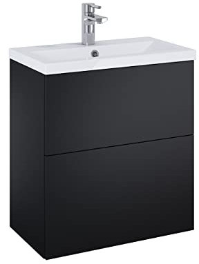 SET OKAY Ensemble Salle Okay céramique à Fermeture amortie élément Mural de Bain avec Vasque Meuble Bas lavabo tiroirs, aggloméré, Laqué Noir Mat, 60