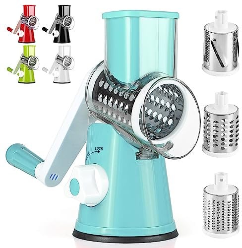 Dreamhigh® Mandoline de Cuisine Manuelle, Coupe Legumes Multifonctions avec 3 Lames de Tambour Détachables, coupe legume pour Pommes de Terre, Forte Aspiration, Carottes, Fromage, Noix, etc
