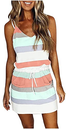AMhomely Gestreifte Kleider für Frauen UK Sommer Midi Kleider Kurz Skeeve V Ausschnitt Kleider mit Taschen Damen Casual Drawstring Taille Minikleid, 04 Mintgrün, X-Large