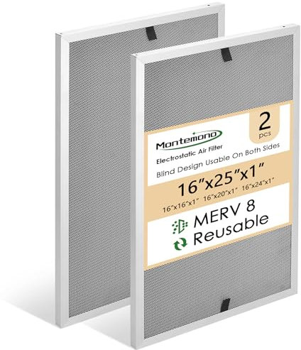 Montemono 16x25x1 Furnace Filter | MERV8 Replacement Aluminum Electrostatic Air Filter Washable HVAC Filter Reusable Furnace Center AC Filters for Home, 2 PCS