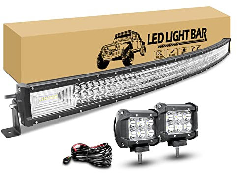 RIGIDON 132cm 675W led lichtleiste gebogen mit 12v kabelbaum kit, 2 pcs 10cm 18W led offroad scheinwerfer wasserdicht für auto lkw kfz traktor 4x4 fahrzeuge, 6000K weiß nebelscheinwerfer