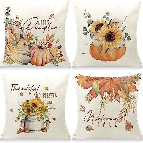 Cirzone Herbst Kissenbezug 45 x 45 cm 4er Set Sonnenblume Kürbis Dekorative Kissen Herbst Dekoration für Home Garten Sofa Schlafzimmer