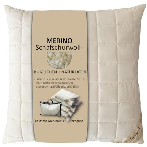 Meivita Merino Kopfkissen in 80x80 cm mit Naturlatex Flocken + Schafschurwollkugeln zur individuellen Höhenverstellung - Made in Germany
