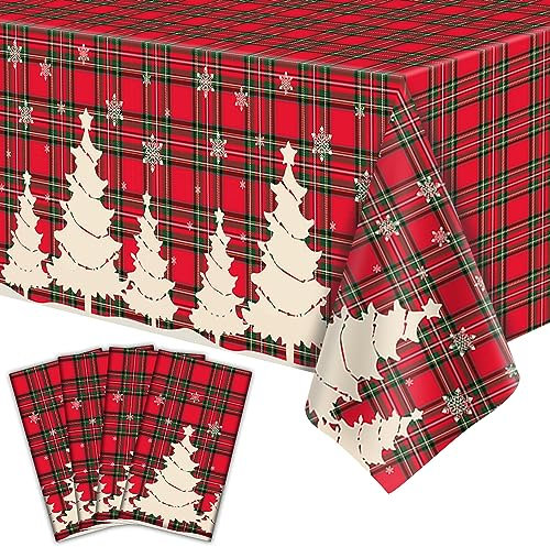 4 Stücke Weihnachten Tischdecke Weihnachten Karierte Tischdecke Buffalo Plaid Tischdecke Weihnachten Party Tisch Decken Xmas Party Dekoration mit Weihnachtsbaum und Schneeflocke 51 x 86 IN