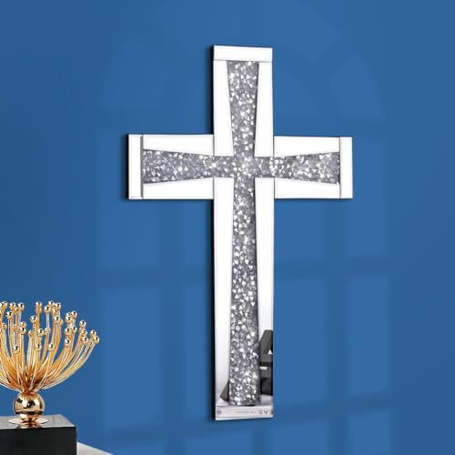 Aeveco Silbernes verspiegeltes Wandkreuz 50,8 x 33 cm, Kristall-Kreuz für Wand, Wohnzimmer, Schlafzimmer, Heimdekoration