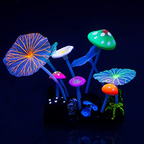 Pawfly Plante De Corail pour Aquarium avec Effet Lumineux Décoration en Forme De Champignon Et De Feuille De Lotus Addition Décor Silicone Coloré Et Réaliste pour Aquarium